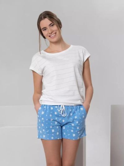 Short pyjama "KYLIE" en 100 % de coton bio, motif bleu, GOTS et VEGAN