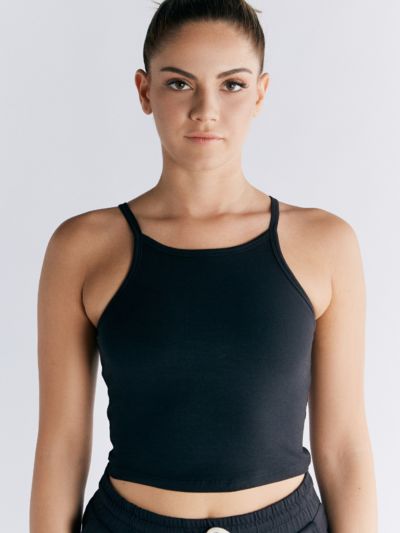 Haut avec brassiere integrée coton bio et élasthanne, dos americain, noir, GOTS