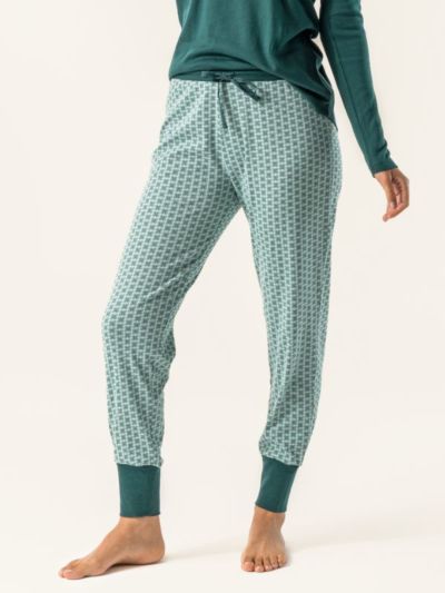 Pantalon de pyjama "AVELINE" 100% coton bio, vert à motif, GOTS