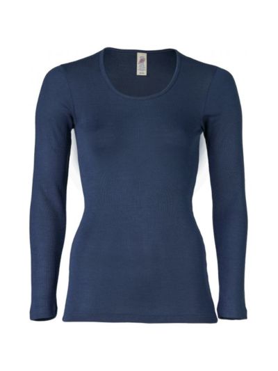 Tricot femme manches longues, laine bio et soie, bleu marine, GOTS et KBT