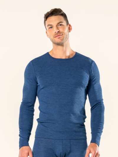 T-shirt manches longues "LIAM" 55 % Laine (bio) et 45 % Coton (bio), bleu, GOTS et VEGAN