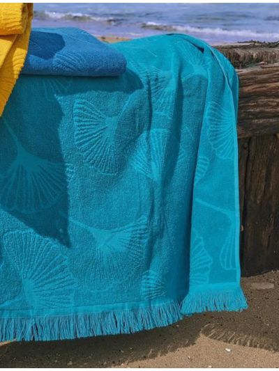 Fouta 100% coton bio 100X180 cm gingko turquoise, fabriqué au Portugal